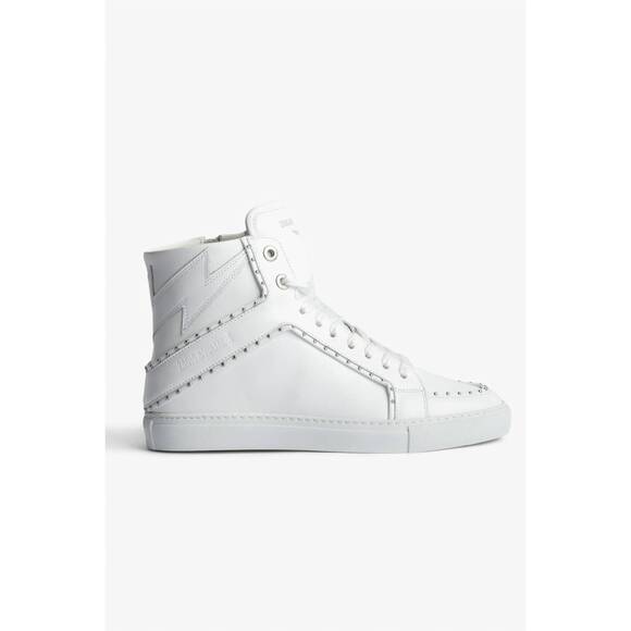 NEW ZADIG & VOLTAIRE men's mid top leather flash lace up shoes in white